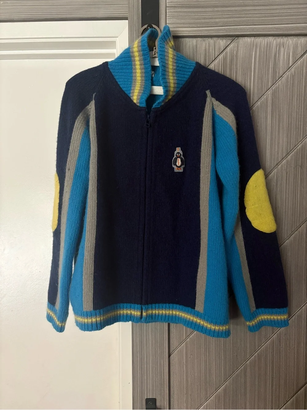 Oilily Kids Navy Blue Yellow Zip-Up Wool Cardigan Zip with Penguin Size 176 - 16